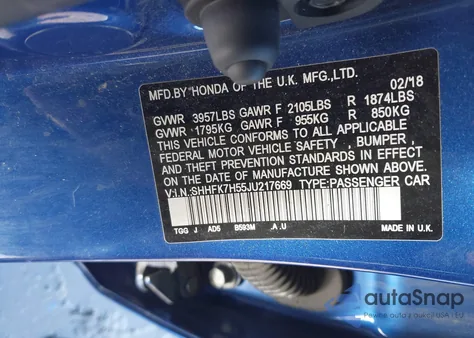 2018 Honda Civic Ex z USA, uszkodzony, nr VIN SHHFK7H55JU217669